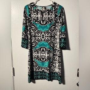 HAANI Teal Black Geometric Print Shift Dress 3/4 Sleeve Women’s Small
(677)